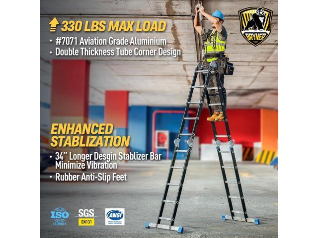 Bryner Folding Step Ladder, 19.6ft, 7 in 1 Multi-Purpose Folding Adjustable Telescoping Aluminium Extension Ladders, 330lbs