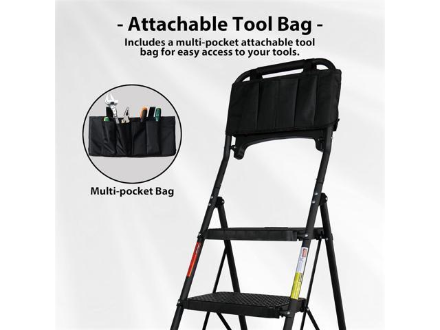 BONTEC 5-Step Ladder, Folding Step Stool with Tool Platform, Tool Bag, and Handrails, Wide Anti-Slip Pedals, Sturdy Steel Ladder with a Max Load...