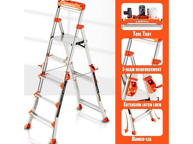 Ladder, Aluminum 5 Step Ladder with Handrails, Anti-Slip Wide Pedal, Tool Platform, Folding Step Stool Step Ladder for Stairs Home Outdoor Work,...