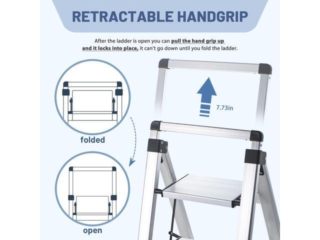 XinSunho 4 Step Ladder, Retractable Handgrip Folding Step Stool with Anti-Slip Wide Pedal, Aluminum Stool Ladders 4 Steps, 330lbs Safety Household...