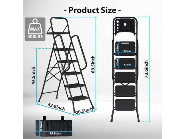 BONTEC 5-Step Ladder, Folding Step Stool with Tool Platform, Tool Bag, and Handrails, Wide Anti-Slip Pedals, Sturdy Steel Ladder with a Max Load...