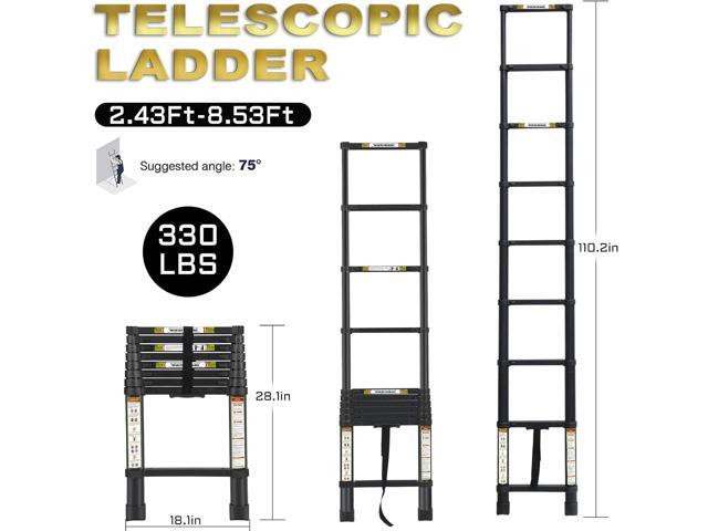 RIKADE Telescoping Ladder 8.5FT & Attic Ladder, Heavy Duty Aluminum with Non-Slip Feet, 330lb Capacity for RV, Attic, Roof & Multi-Surface Use