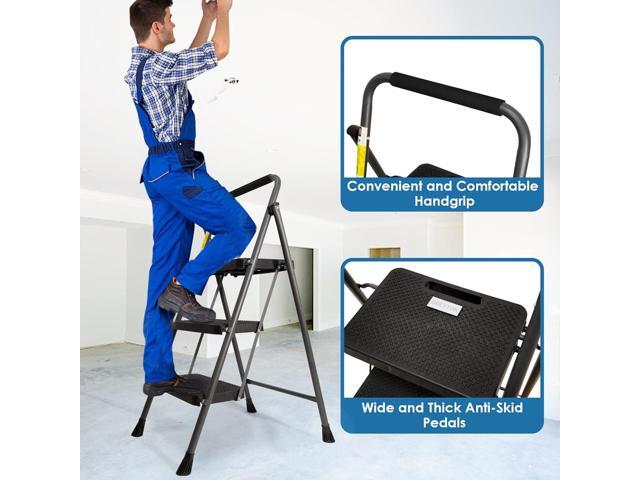 3 Step Ladder, GOLYTON Folding Step Stool with Anti-Slip Wide Pedal & Convenient Handgrip, 500lbs Capacity Steel Ladder for Household and Office, Grey
