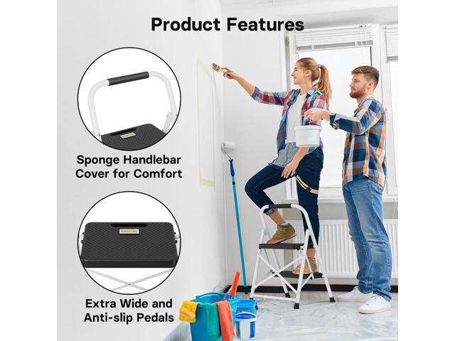 BONTEC 2-Step Ladder, Folding Step Stool, 600lbs Max Load Capacity, Sturdy Steel, Non-Slip Pedals, Lightweight, Portable Steel Ladder with...