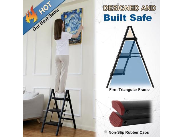 Double Elite Step Ladder 3 Step Folding, Sturdy 330 Lbs Small Step Stool for Adults, Safer Full Steel Multi-use Kitchen Ladder for Home, Closet...