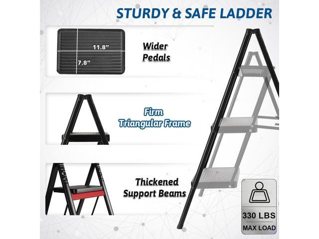 Double Elite Step Ladder 3 Step Folding, Sturdy 330 Lbs Small Step Stool for Adults, Safer Full Steel Multi-use Kitchen Ladder for Home, Closet...