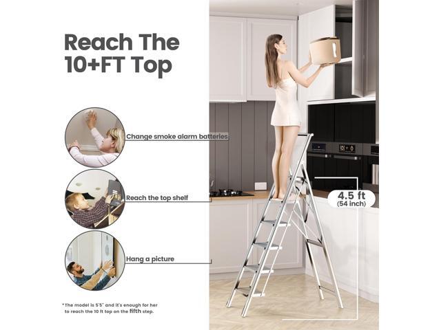 6 Step Ladder, Folding Step Stool with Handgrip and Anti-Slip Wide Pedal, Portable Lightweight Aluminum Stepladder for Kitchen, Home, Library,...