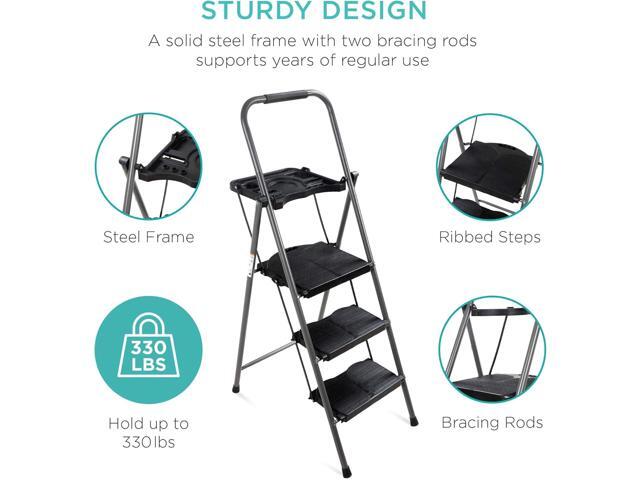 Best Choice Products 3-Step Ladder, Portable Folding Anti-Slip Step Stool w/Utility Tray, Hand Grip, Rubber Feet Caps, 330lb Capacity