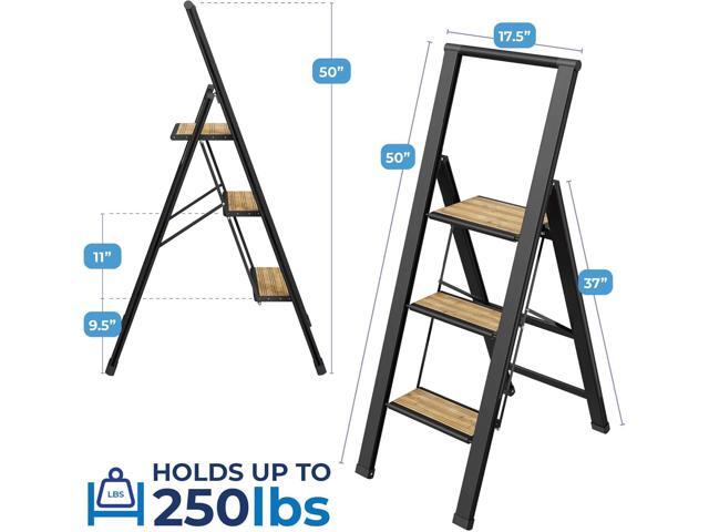 Step Ladder 3 step folding, decorative - Beautiful Bamboo & Black Aluminum, Ultra Slim Profile, Anti Slip Steps, Sturdy-Portable for Home, Office,...