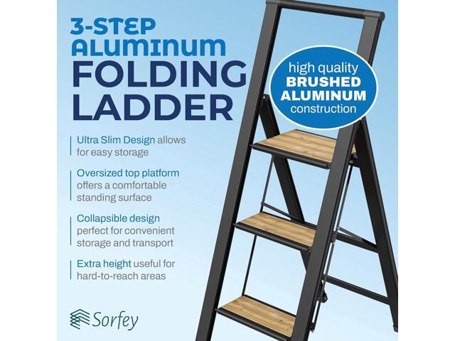 Step Ladder 3 step folding, decorative - Beautiful Bamboo & Black Aluminum, Ultra Slim Profile, Anti Slip Steps, Sturdy-Portable for Home, Office,...