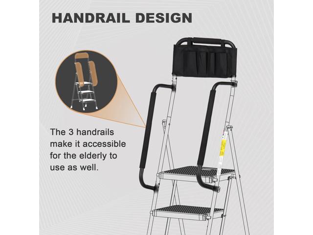 HBTower 3 Step Ladder with Handrails, Folding Step Stool Portable Steel Ladder for Adults for Home Kitchen Library Office, Black