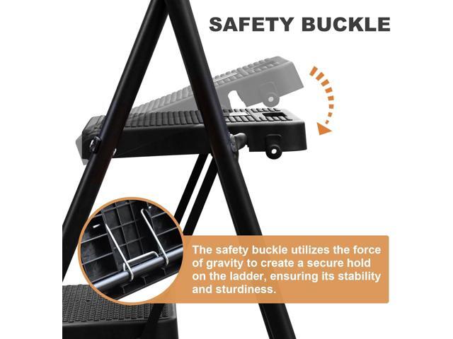 HBTower 3 Step Ladder with Handrails, Folding Step Stool Portable Steel Ladder for Adults for Home Kitchen Library Office, Black