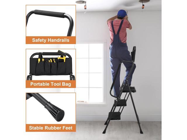 HBTower 3 Step Ladder with Handrails, Folding Step Stool Portable Steel Ladder for Adults for Home Kitchen Library Office, Black