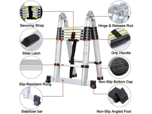 A-Frame Telescoping Ladder 12.5ft 6 + 6 Steps Adjustable Height with Support Bar Anti-Slip Feet, 330lbs Max Load, Folded Height 2.7ft Space Saving...