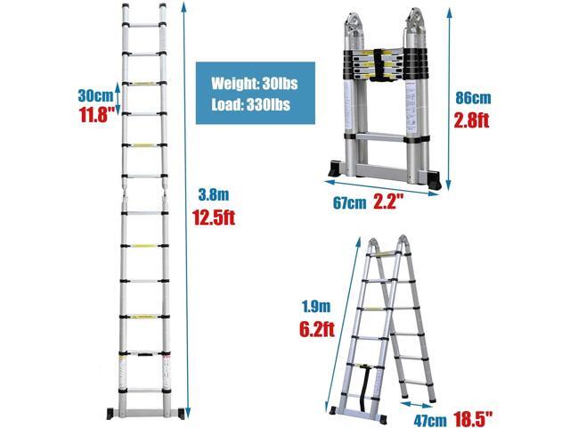 A-Frame Telescoping Ladder 12.5ft 6 + 6 Steps Adjustable Height with Support Bar Anti-Slip Feet, 330lbs Max Load, Folded Height 2.7ft Space Saving...