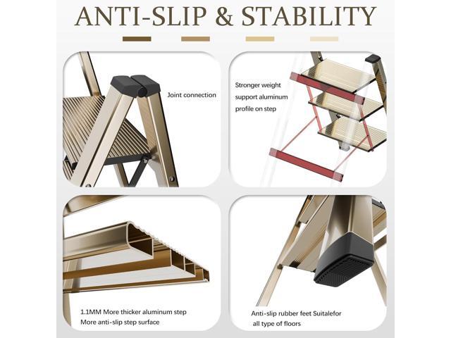 3 Step Lightweight Folding Ladder for Home, 330lbs Aluminum Step Ladder Anti-Slip for Kitchen, Step Stool Foldable Adults for Closet, 330lbs -...