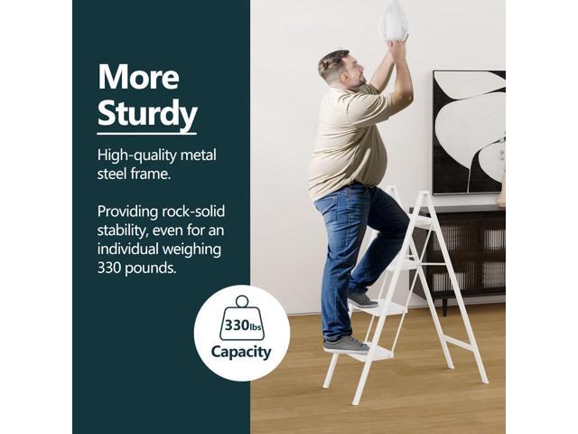 WOA WOA 4 Step Ladder, Folding Step Stool with Wide Pedals, Sturdy Steel Ladders with Anti-Slip Feet, Compact Kitchen Stepping Stool, Supports up...