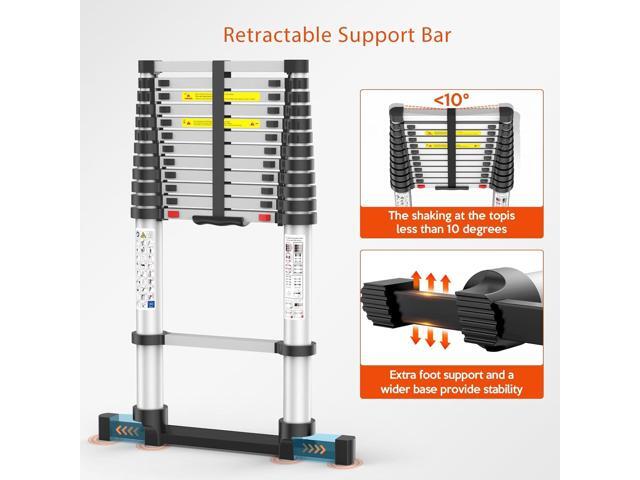 12.5FT Telescoping Ladder, Collapsible Ladder with Bottom Stabilizers, Slow Descent, and One-Key Retraction