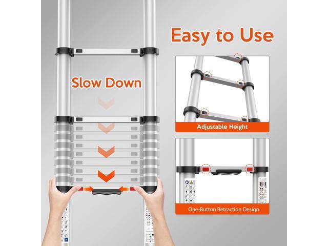 12.5FT Telescoping Ladder, Collapsible Ladder with Bottom Stabilizers, Slow Descent, and One-Key Retraction