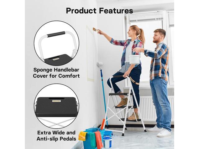 BONTEC 3-Step Ladder, Folding Step Stool with Wide Anti-Slip Pedals, Max Load Capacity 600lbs Sturdy Steel Ladder, Convenient Handgrip, Lightweight...