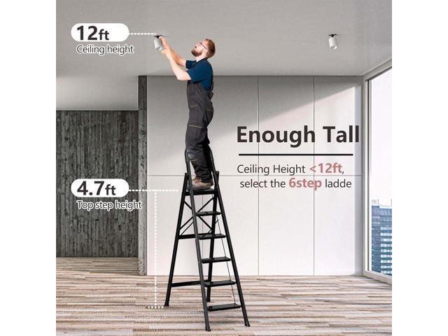 GameGem Lightweight Aluminum 6 Step Ladder Folding Step Stool Stepladders with Anti-Slip and Wide Pedal for Home and Kitchen Use Space Saving (Black)