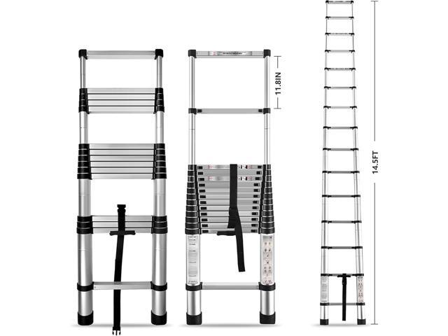 14.5 FT Telescoping Ladder 330 lbs Capacity Heavy Duty Aluminum Extendable Ladder Collapsible Locking Mechanism for Attic Household Use Outdoor Work