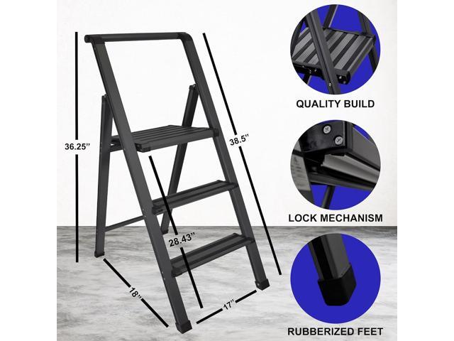 Step Ladder 3 Step Folding, Decorative - Modern Beautiful Grey Aluminum, Ultra Slim Profile, Anti Slip Steps, Sturdy-Portable for Home, Office,...