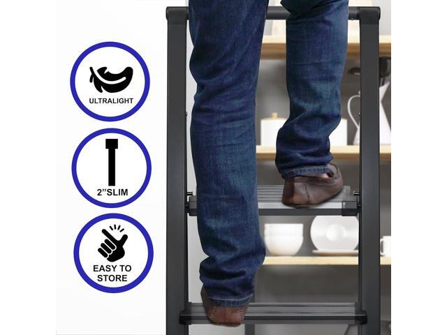 Step Ladder 3 Step Folding, Decorative - Modern Beautiful Grey Aluminum, Ultra Slim Profile, Anti Slip Steps, Sturdy-Portable for Home, Office,...