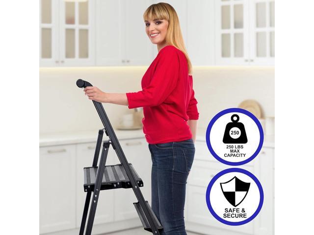 Step Ladder 3 Step Folding, Decorative - Modern Beautiful Grey Aluminum, Ultra Slim Profile, Anti Slip Steps, Sturdy-Portable for Home, Office,...