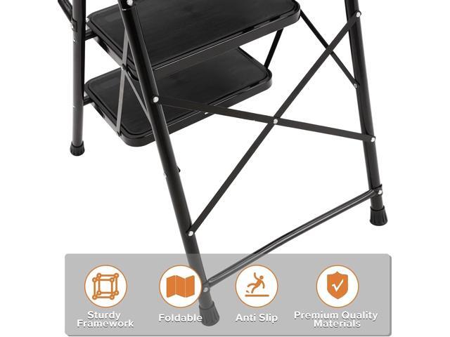 BOCOM 3 Step Ladder, Lightweight Portable Folding Sturdy Steel Step Stool with Handrails, Attachable Tool Bag, Anti-Slip Wide Pedal, Heavy Duty 500...