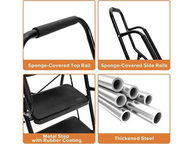 BOCOM 3 Step Ladder, Lightweight Portable Folding Sturdy Steel Step Stool with Handrails, Attachable Tool Bag, Anti-Slip Wide Pedal, Heavy Duty 500...