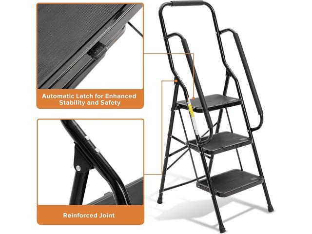 BOCOM 3 Step Ladder, Lightweight Portable Folding Sturdy Steel Step Stool with Handrails, Attachable Tool Bag, Anti-Slip Wide Pedal, Heavy Duty 500...