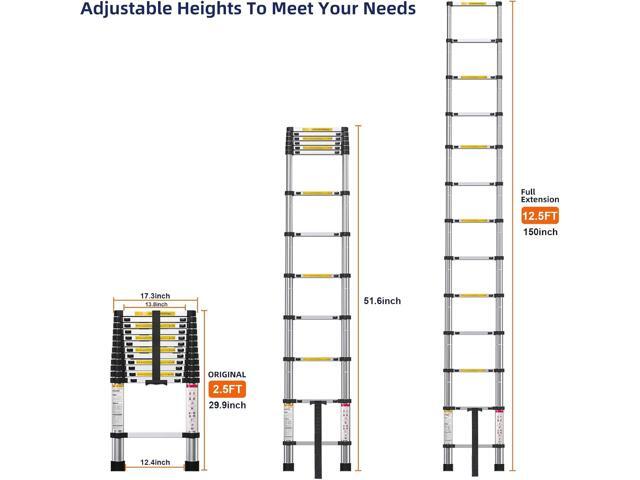 12.5FT Telescoping Ladder- Multi-Purpose Aluminum Extension Ladder Adjustable Compact Ladder for Household, RV, Outdoor, 330lbs Max Capacity