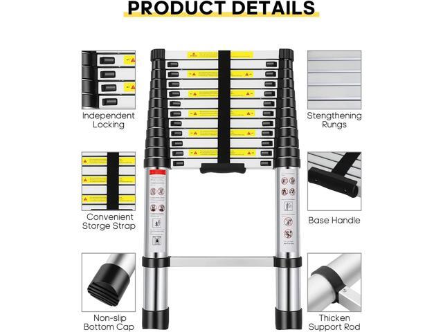 Telescoping Ladder, 12.5FT Aluminum Extension Ladder with 2 Replacement of Non-Slip Rubber Cover, 330 lb. Load Capacity, Collapsible Telescopic...