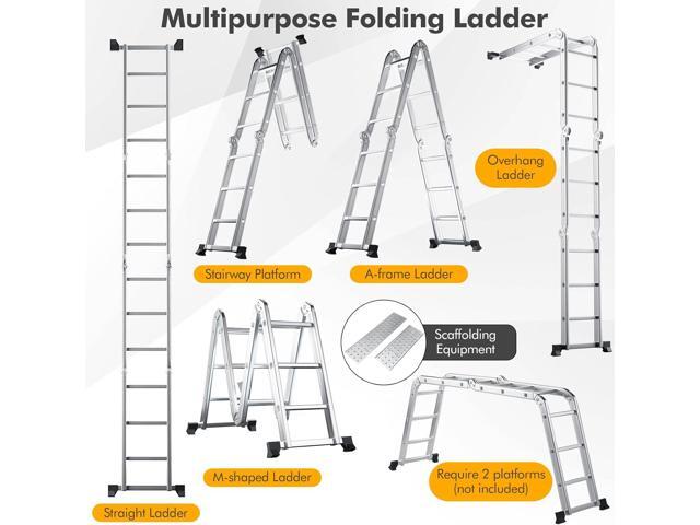 Goplus 12.2 FT Folding Step Ladder, 7-in-1 Multi-Position Aluminium Extension Ladder with Reinforced Stabilizer Bar & Non-Slip Foot Pads for Home...