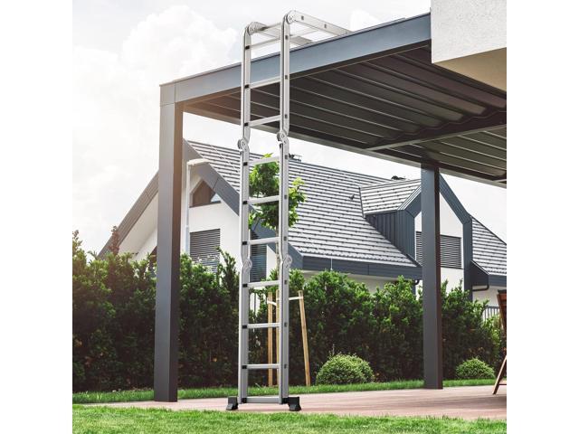 Goplus 12.2 FT Folding Step Ladder, 7-in-1 Multi-Position Aluminium Extension Ladder with Reinforced Stabilizer Bar & Non-Slip Foot Pads for Home...