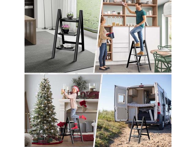 Step Ladder 3 Step Folding, Sturdy 330 Lbs Small Step Stool for Adults, Closet Step Stool Ladder with Anti-Slip Wide Pedals, Portable Folding...