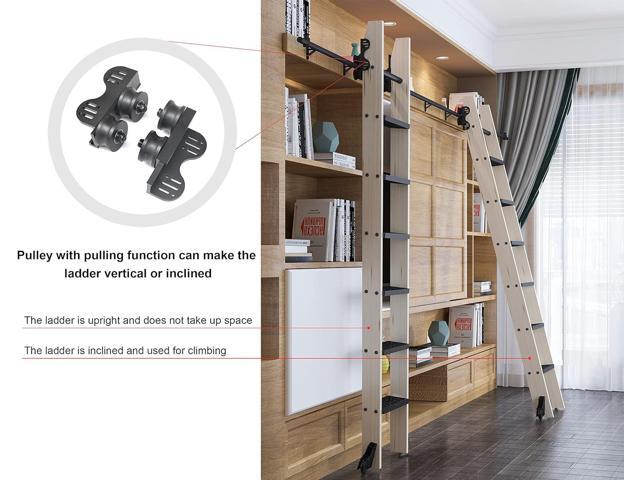 16FT Sliding Library Ladder Hardware kit Telescopic Upper Roller,Floor Wheels with Brakes (No Ladder)
