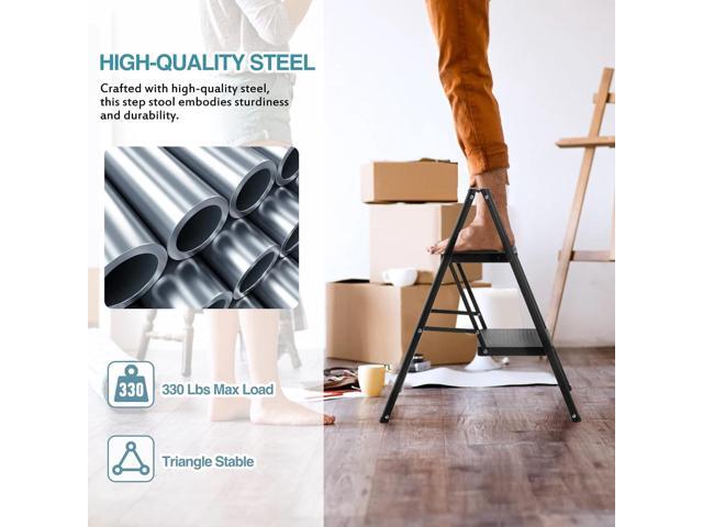 BOCOM 2 Step Ladder, Lightweight Portable Foldable Collapsible Folding Sturdy Steel Metal Step Stool with Anti-Slip Wide Pedal, Heavy Duty 330 lbs...
