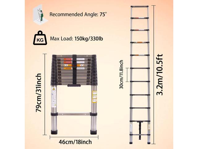 Telescoping Ladder 10.5FT Stainless Steel Heavy Duty Extension Collapsible Compact Ladder Adjustable Height 3.2M Attic Ladder Easy to Carry for...