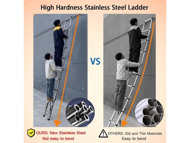 Telescoping Ladder 10.5FT Stainless Steel Heavy Duty Extension Collapsible Compact Ladder Adjustable Height 3.2M Attic Ladder Easy to Carry for...
