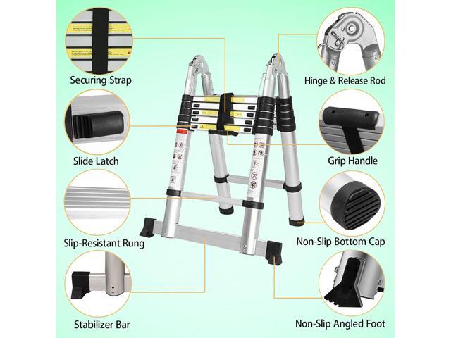 12.5FT Telescopic Folding Ladder Extension Aluminum 1.9m+1.9m A-Frame 3.8m Straight Ladder Telescoping Portable Multi-Purpose with Stabilizer Bar...