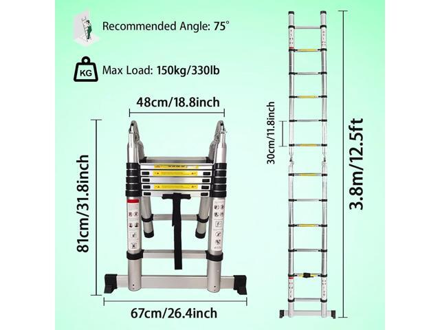 12.5FT Telescopic Folding Ladder Extension Aluminum 1.9m+1.9m A-Frame 3.8m Straight Ladder Telescoping Portable Multi-Purpose with Stabilizer Bar...