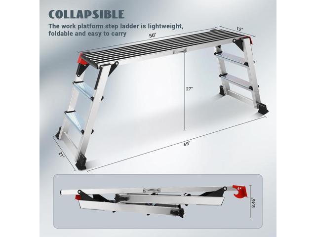 Work Platform Two Step Ladder, 50'×12'×27' Aluminum Platform, Heavy Duty Folding Work Bench Non-Slip 330 lbs Load Capacity for Washing Vehicles,...
