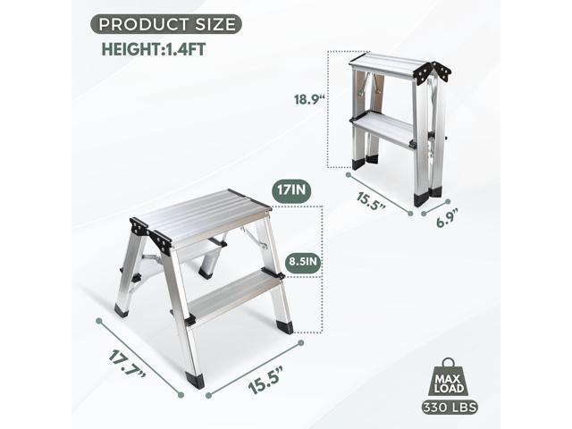 2 Step Ladder, Small Aluminum Folding Step Stool 330lbs, Lightweight Two Step Stool Dual-Sided with Widen Pedals by Glosiory, Portable Solid Handy...
