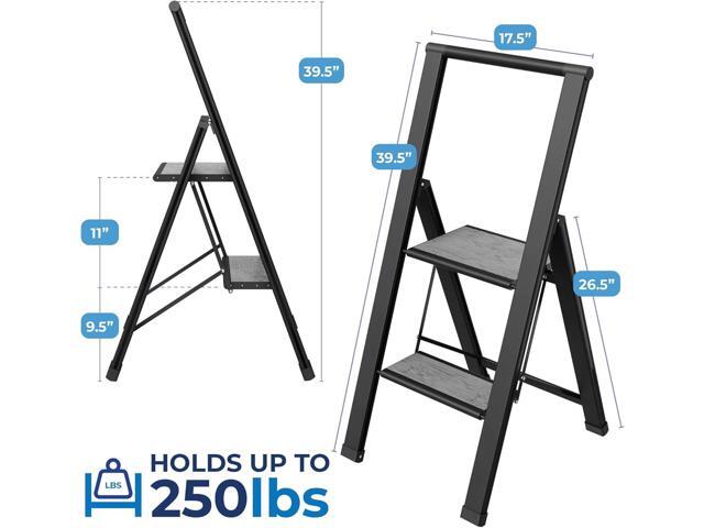 Step Ladder 2 Step Folding, Decorative - Beautiful Gray Wood & Black Aluminum, Ultra Slim Profile, Anti Slip Steps, Sturdy-Portable for Home,...