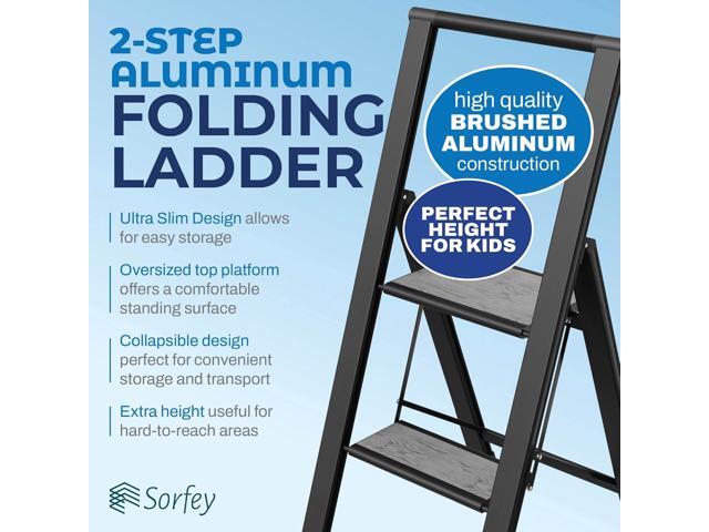 Step Ladder 2 Step Folding, Decorative - Beautiful Gray Wood & Black Aluminum, Ultra Slim Profile, Anti Slip Steps, Sturdy-Portable for Home,...