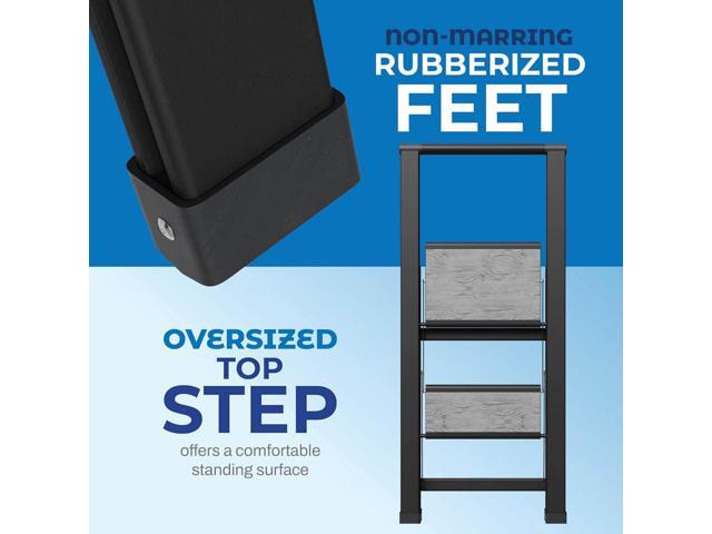 Step Ladder 2 Step Folding, Decorative - Beautiful Gray Wood & Black Aluminum, Ultra Slim Profile, Anti Slip Steps, Sturdy-Portable for Home,...