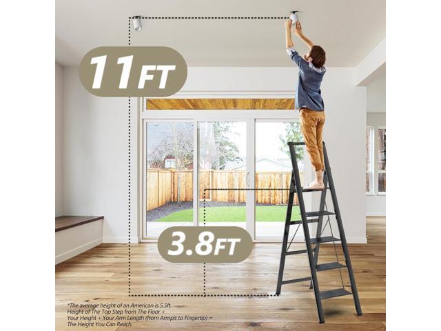 5 Step Ladder, Folding Step Stool, Portable Iron Foldable Black Ladder for 10 Foot High Ceiling with Anti-Slip Wide Sturdy Pedal and Handgrip,...