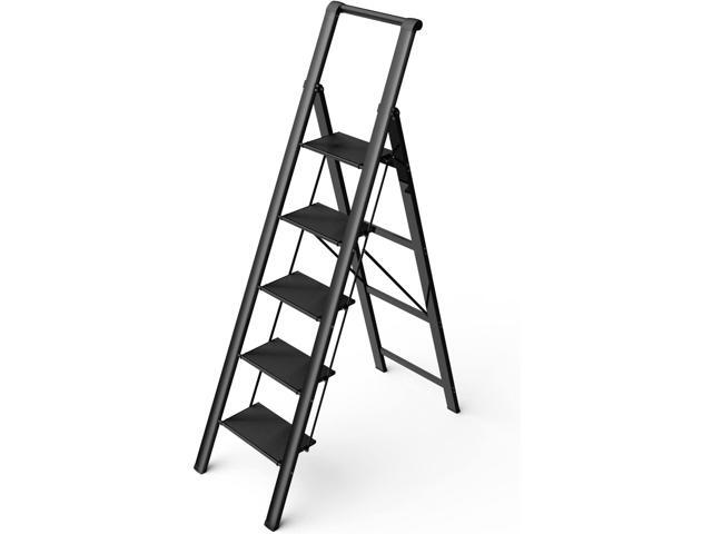 5 Step Ladder, Folding Step Stool, Portable Iron Foldable Black Ladder for 10 Foot High Ceiling with Anti-Slip Wide Sturdy Pedal and Handgrip,...